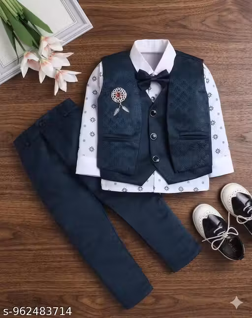 jain collection Boys Formal 3-Piece Suit Set – green Waistcoat, Shirt, Pants & Bow Tie
