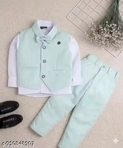 jain creation Boys Formal 3-Piece Suit Set – Cream Waistcoat with Black Shirt & Matching Trousers | Wedding, Party & Birthday Outfit