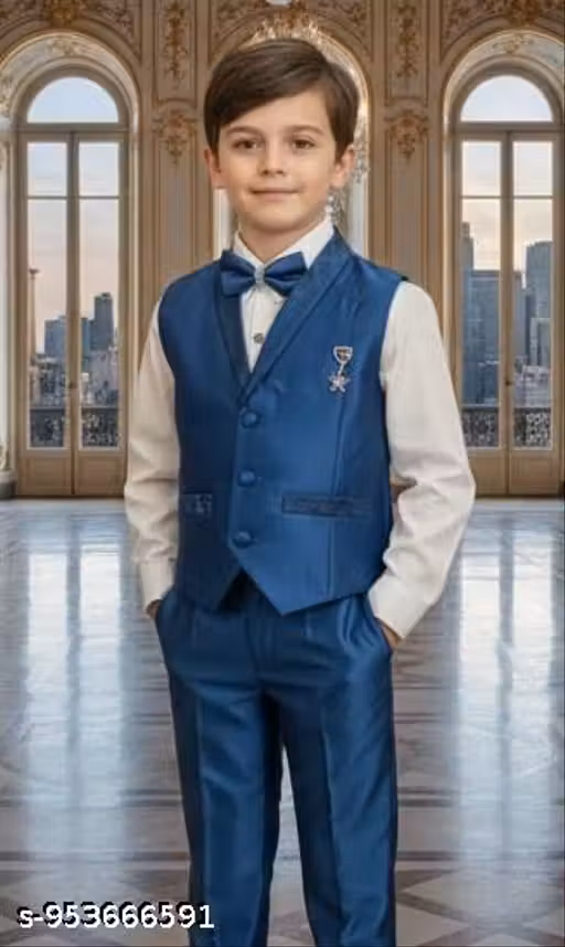 Jain Creation Premium Boys Royal Blue 3-Piece Formal Suit – Classic Waistcoat, Trousers, White Shirt, and Bow Tie Set with Designer Brooch