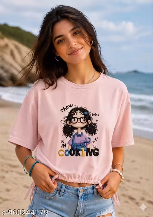 jain creation Girls and Women Oversized Drawstring Crop T-Shirt | Cute Cartoon Cooking Print Casual Summer Top