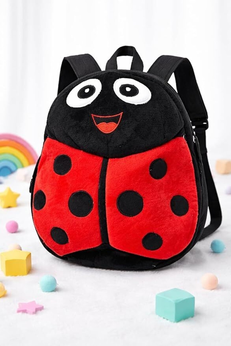 NxtKid LadyBug Junior Plush Backpack School Bag (Black, Red, 5 L)