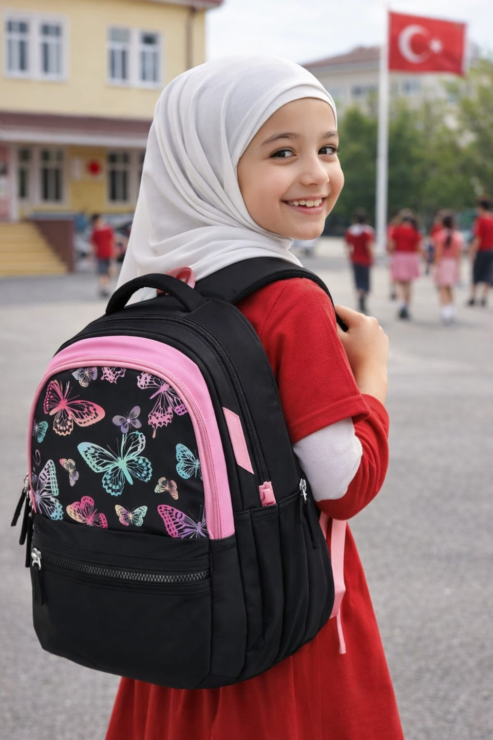 True Human Medium 28 L Laptop Backpack Stylish black School Backpack for Girls , Printed buterfly ,Lightweight (Black)
