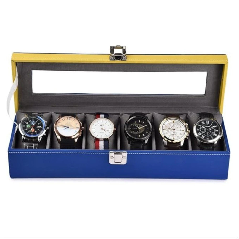 Blue 6-Slot Wooden Watch Box | Size: 20 × 14 × 6 cm
