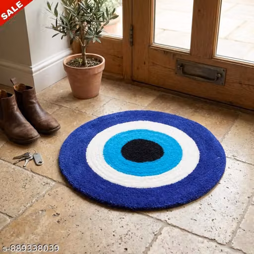 Evil Eye Mat for Home Entrance, High-Density Microfiber Round Nazar Battu Rug, Anti-Slip Floor Mat for Living Room & Pooja Area, 23 x 23 Inch Circular Design