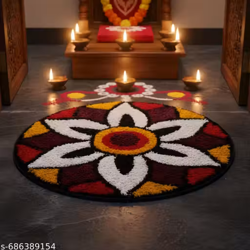 Premium Cotton Rangoli Design Round Doormat (Size 23x23 Inch) - Multicolour Pooja Room & Entrance Mat