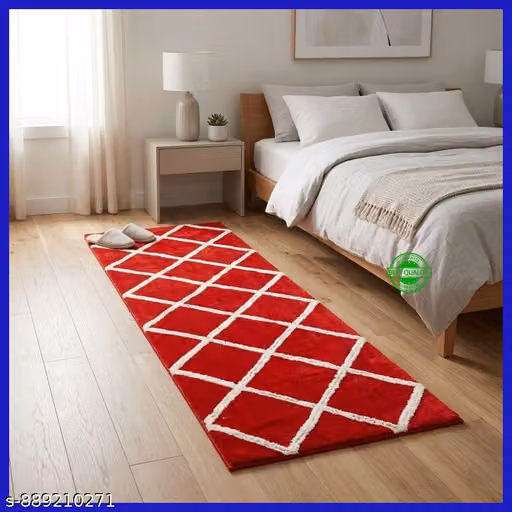 Heavy-Duty Microfiber Bedside Runner Mat 22x55 Inch for Bedroom & Living Room Floor, Shaggy Kitchen Runner, Absorbent Anti-Skid Carpet for Home Décor, Navy Blue with White Geometric Diamond Pattern