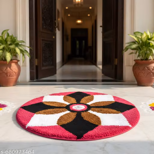 THE Microfiber Round Rangoli Doormat & Pujamat (23x23 Inch, 1 Piece) - Pink Multicolor Soft Non-Slip Designer Floor Mat for Home Mandir, Kitchen & Entryway