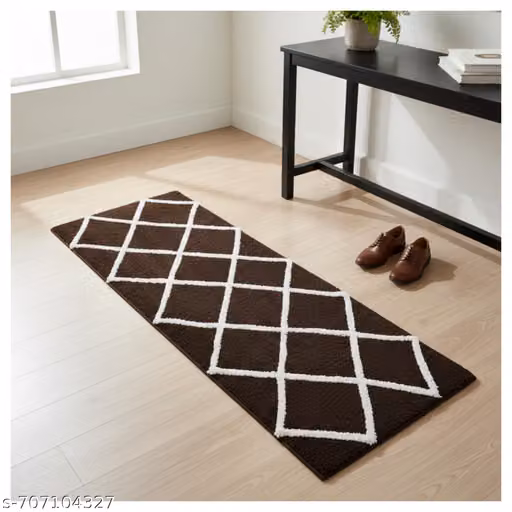 Stylish Brown and White Geometric Bedside Runner Mat | Soft Anti-Skid Floor Carpet for Living Room & Bedroom | Absorbent Diamond Pattern Rug for Home Decoration