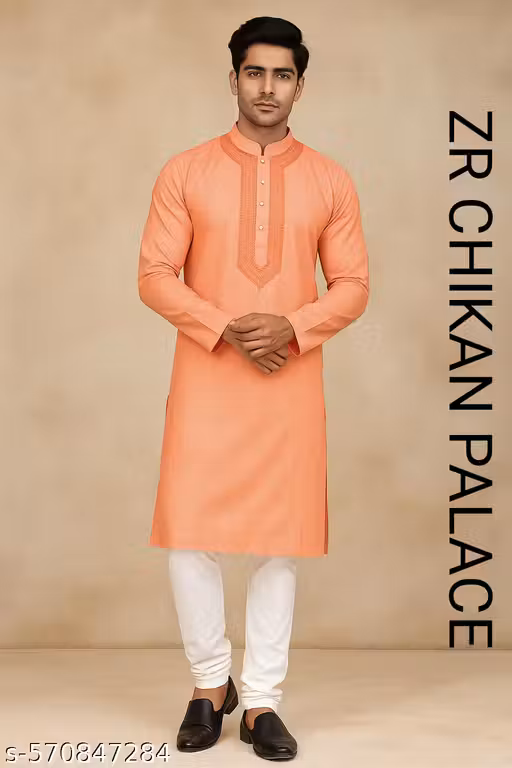 Men's Peach Kurta & Pyjama Ethnic Set