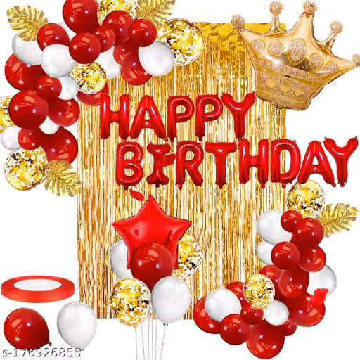 Golden And Red Happy Birthday Decoration Combo Kit With Banner, Balloons, Foil Curtain, Crown Foil 48pcs For Birthday Decoration Boys, Kids, Girl, husband, wife, Girl friend, Adult.