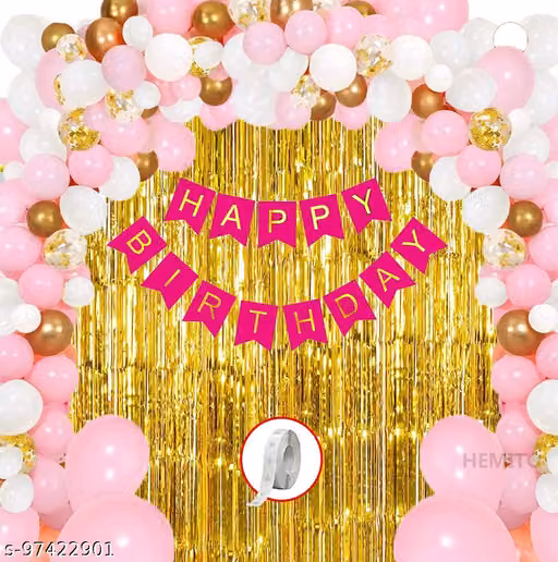 34Pcs Pink Golden and White Birthday Balloons Combo for Kids Or Birthday Decoration Items for Girlswith Pink banner 30 metallic balloons and Gold curtains (Set of 34)