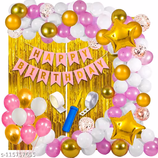 Pink Happy Birthday Decoration Kit for Girls 63pcs Combo Set Banner Golden Foil Curtain Balloon Metallic Confetti Girls Birthday Decoration Items / Kids Birthday Decoration