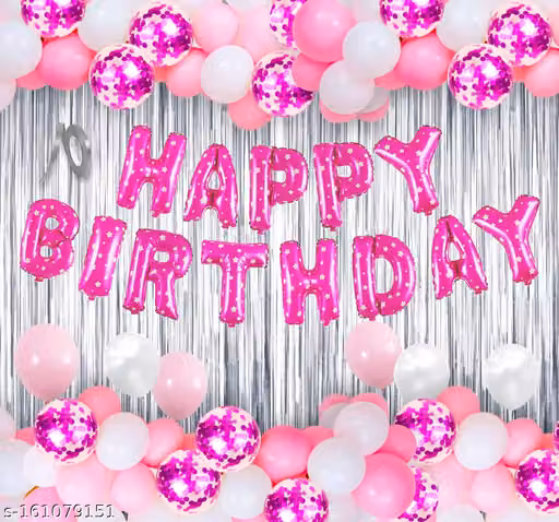 Happy Birthday Decorations For Girls Combo Set- Pink White Metallic Balloons With Confetti, Happy Birthday Letter Foil Balloon, Foil Curtain - Girls, Women, 1st, 2nd, 3rd, 4, 5,6th - 33Pcs