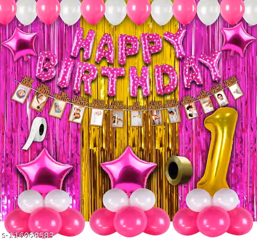 Girls First Birthday Decorations Items Combo 63Pcs for Baby Girl 1st Bday Decor/Photo Booth Backdrop Decoration materials/1st Birth Day Party Décor/Stylish Latest Pink White Birthday Set