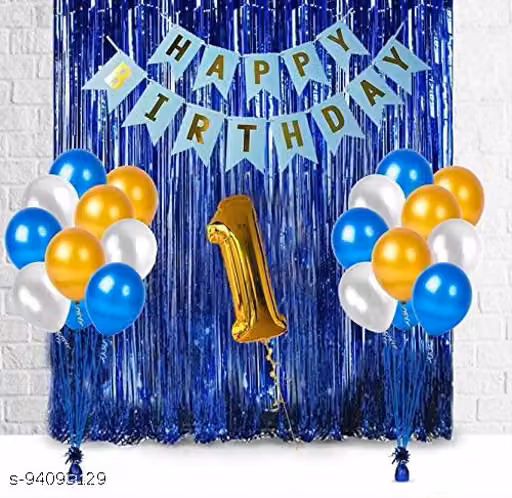 Blue Happy Birthday Decoration Combo - 29Pcs Set (1 Birthday Banner, 24 Balloons,3 Foil Curtains,1 Foil Number Balloon) Happy Birthday Balloons for Party Decoration , Baby 1st birthday ,Birthday decorations boy , Birthday decorations for girls