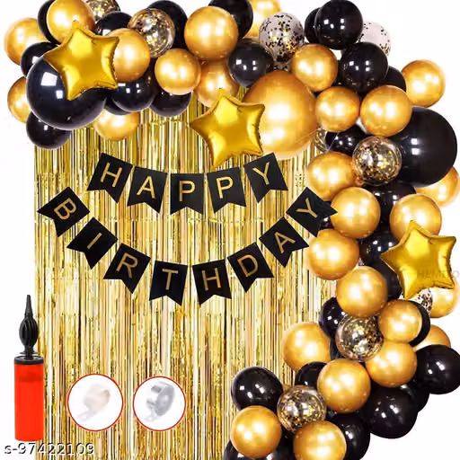 Happy Birthday Combo Of 41 Pcs Golden Foil Curtains Birthday Banner Glue Dot Arc And Confetti Rubber Balloons With Hand Balloon Pump For Girls Boys Wife Husband Mom Dad/Happy Birthday Decorations Items Set (Gold & Black, 41)