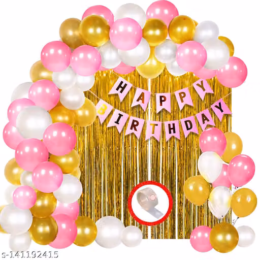 Birthday Decoration Kit for Girls - 34Pcs Pink, White Golden Metallic Rubber Birthday balloons for Girls Decoration, Golden Foil Curtain, Pink Princess Happy Birthday Banner/Decoration Combo Set
