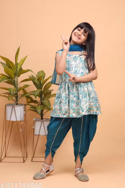 Girls Floral Printed Kurti & Dhoti Pant Set with Dupatta by Grinning