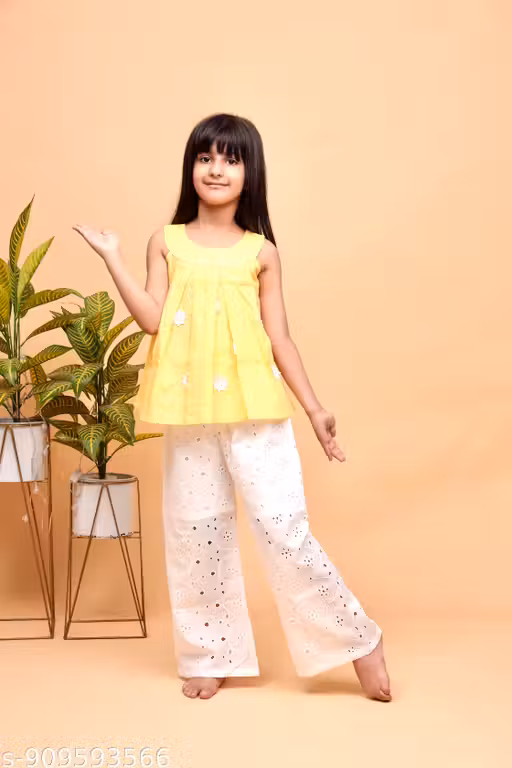 Girls Stylish Yellow Top with White Palazzo Set | Summer Co-ord Set by Grinning