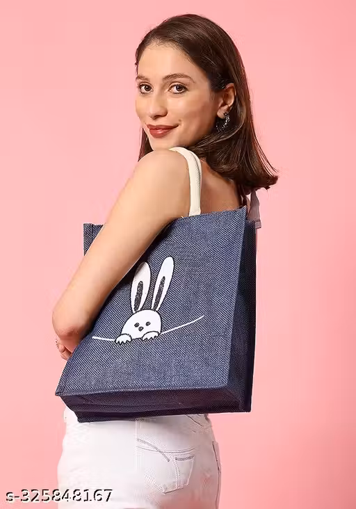 Cute Bunny Printed Navy Jute Tote Bag for Women | Eco-Friendly Reusable Shopping Bag | Stylish Multipurpose Handbag for Office, College & Daily Use | Strong & Durable Lunch Bag | Trendy Cartoon Bunny Design Jute Carry Bag | Lightweight, Spacious & Reusabl