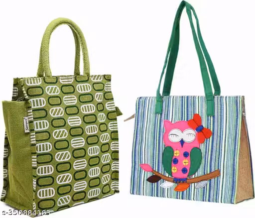 BAGVERSE Premium Jute Handbag Combo for Women & Girls | Stylish Owl Design Tote + Printed Green Jute Bag | Eco-Friendly Shopping Bag | Lightweight Daily Use Handbag | Reusable Multi-Purpose Office, College & Casual Carry Bag | Trendy Handmade Unique Desig