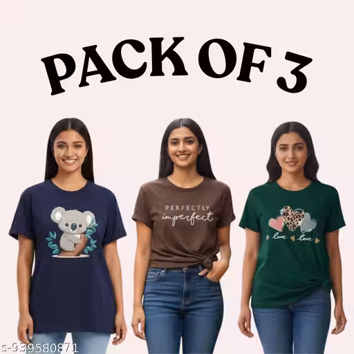 T-Shirt | Women Graphic T Shirt | Regular Fit Tee | Half Sleeve Top | Cotton Lycra Fabric | Round Neck | Casual Wear | Soft Fabric | Stretchable | Stylish Daily Wear | Office Wear | Pack of 3