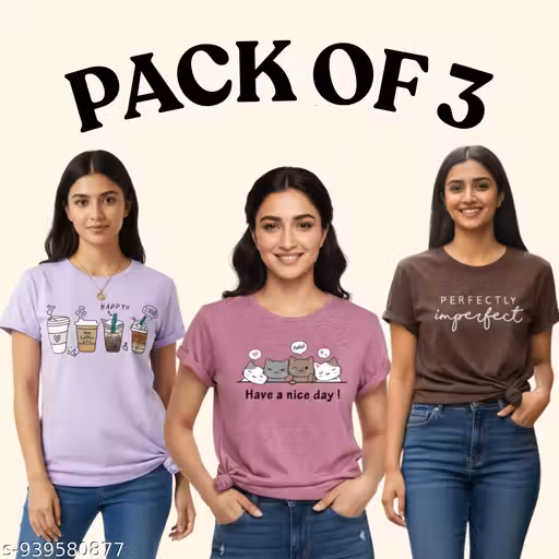 T-Shirt | Women Graphic T Shirt | Regular Fit Tee | Half Sleeve Top | Cotton Lycra Fabric | Round Neck | Casual Wear | Soft Fabric | Stretchable | Stylish Daily Wear | Office Wear | Pack of 3