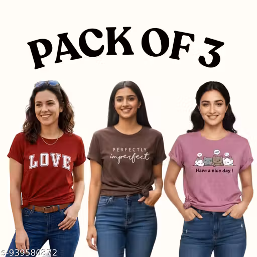 T-Shirt | Women Graphic T Shirt | Regular Fit Tee | Half Sleeve Top | Cotton Lycra Fabric | Round Neck | Casual Wear | Soft Fabric | Stretchable | Stylish Daily Wear | Office Wear | Pack of 3