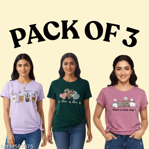 T-Shirt | Women Graphic T Shirt | Regular Fit Tee | Half Sleeve Top | Cotton Lycra Fabric | Round Neck | Casual Wear | Soft Fabric | Stretchable | Stylish Daily Wear | Office Wear | Pack of 3
