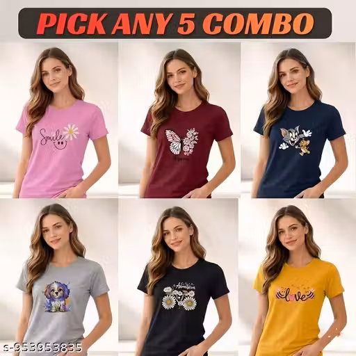 T-SHIRT for WOMEN, COTTON T-SHIRT, ROUND NECK,REGURAL, PRINTED T-SHIRT, T-SHIRT DAILY WEAR, CASUAL WEAR, Pick any 5 women's regular fit Stylish T-shirt's