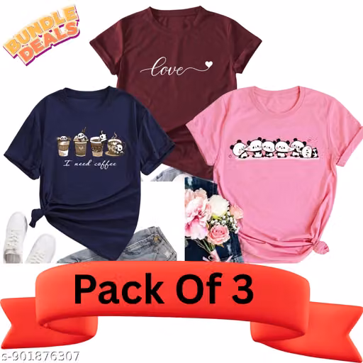 Women's Stylish Cotton Round Neck Tshirts 100% Cotton Regular fit For Women And Girls Combo Pack of 3