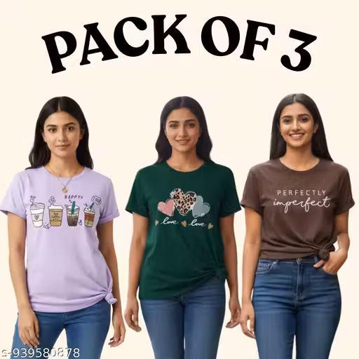 T-Shirt | Women Graphic T Shirt | Regular Fit Tee | Half Sleeve Top | Cotton Lycra Fabric | Round Neck | Casual Wear | Soft Fabric | Stretchable | Stylish Daily Wear | Office Wear | Pack of 3