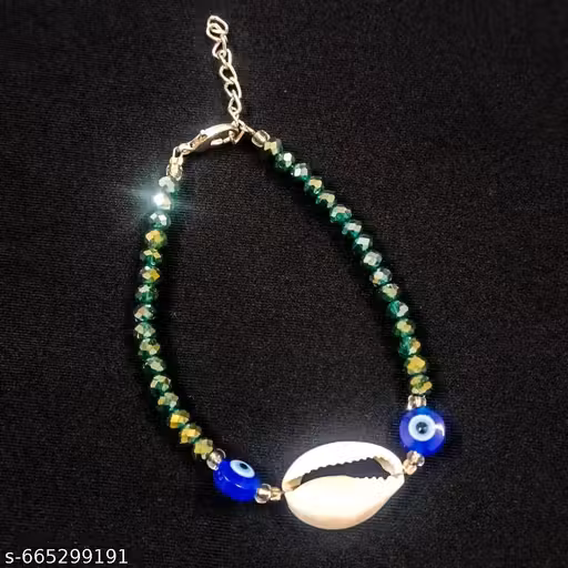 Emerald Green Crystal Beaded Shell Bracelet with Evil Eye – Adjustable Luxe Boho Jewelry