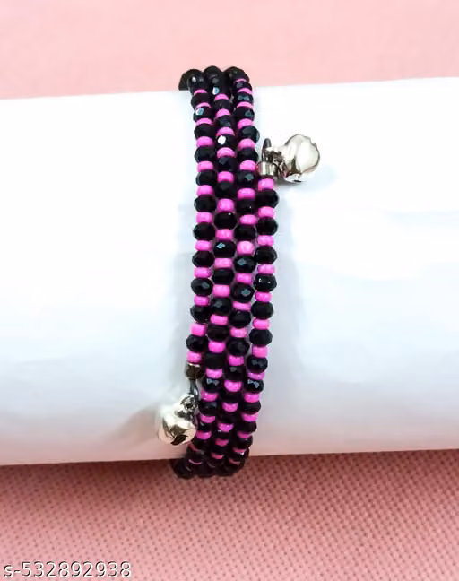 Bold Black & Magenta Beaded Bracelet with Charming Bells
