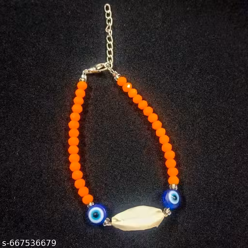 Orange Beaded Shell Bracelet with Evil Eye Accents – Adjustable Bold Jewelry