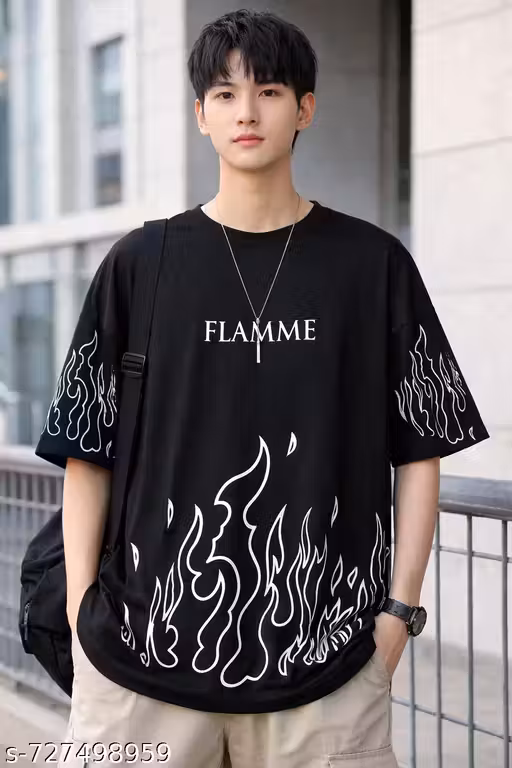 Men's Flamme Printed Cotton T-Shirt – Half Sleeve Drop Shoulder Round Neck