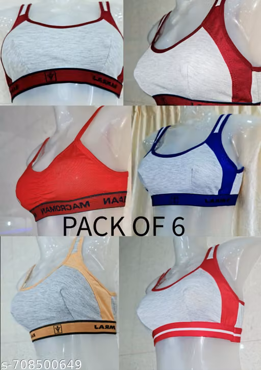 Women's Cotton Rich Sports Bra | Comfortable Non-Padded Beginner Bra for Girls & Women (PACK OF 6) RANDOM COLOUR