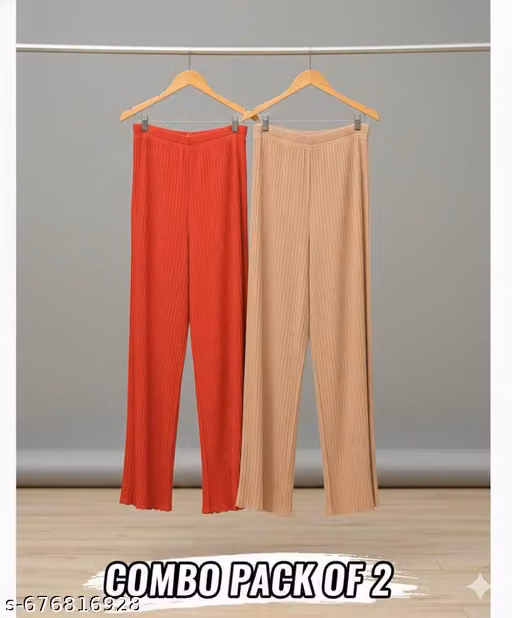 Women’s High-Rise Khajoori Ribbed Plazzo Combo - Pack of 2 (Red & Skin)