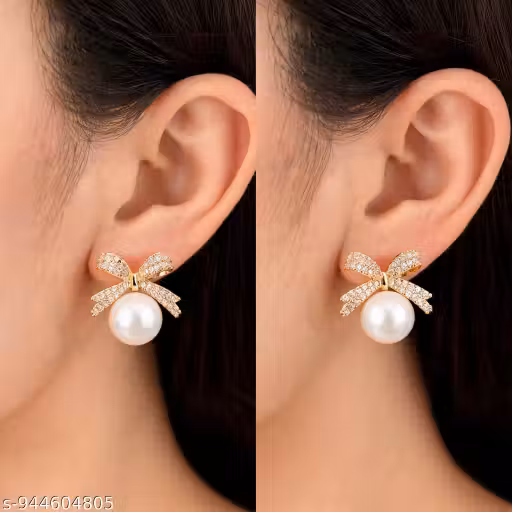 Women's Gold-Plated American Bow and Pearl Stud Earrings
