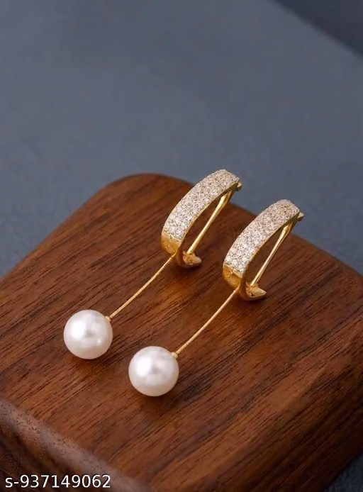 Gold Plated Pearl Drop Earrings for Women | Korean Style Crystal Studded