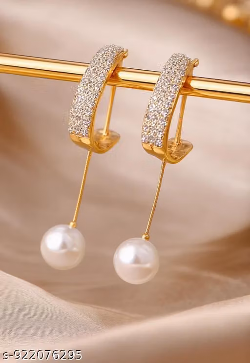 Vembley New Korean Style Gold Plated Rhinestone Tassel Long Two Ways To Wear Earrings Cubic Zirconia, , Pearl Alloy Drops & Danglers