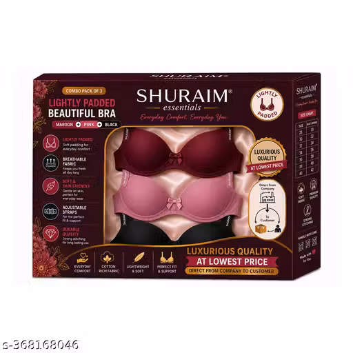 Shuraim Essentials Lightly Padded Wire Free Bra for Women Combo Pack of 3 | Full Coverage T-Shirt Bra | Soft Comfortable Everyday Wear | Perfect Fit Cotton Blend Bra | Pink Maroon Black pack of 3