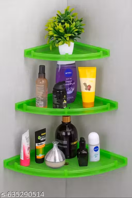 Vinayak Green Plastic Corner Shelf Set for Bathroom & Kitchen | 3-Tier Wall Mounted Storage Rack (5, 7, 9 Inch) | Heavy-Duty, Space-Saving Organizer for Toiletries, Spices & Home Essentials