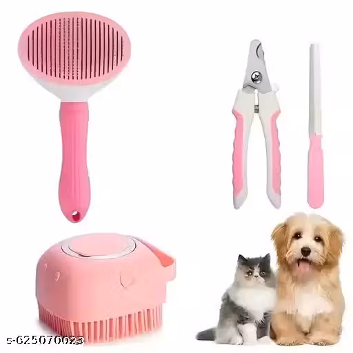 Pack of 3 Pet Grooming Kit for Dogs & Cats | Self-Cleaning Brush + Bath Brush + Nail Cutter with Filer | Complete Pet Care Combo( MULTICOLOR)