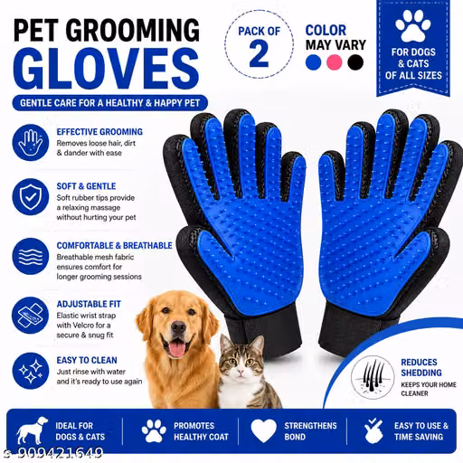 Pet Grooming De-Shedding Gloves for Dogs & Cats with Soft Silicone Massage Brush Hair Remover Grooming Gloves Pack of 2