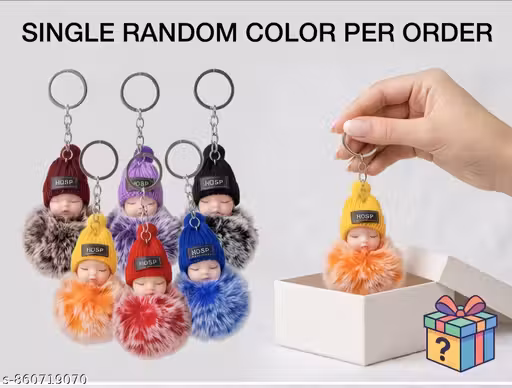 “Cute Sleeping Baby Doll Keychain with Fur Ball | Soft Plush Key Ring | Random Color”