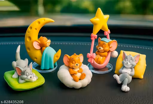 Cute Sleeping Cartoon Cat & Mouse Mini Dashboard Figurine Set for Car Interior Decoration (5 Pcs)