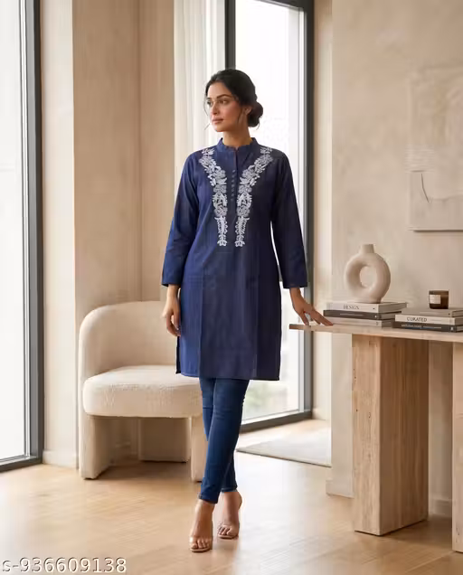 Women's Blue Denim Floral Embroidered Straight Kurti for Offiice/Casual wear | Summer Friendly Cotton Blend kurti