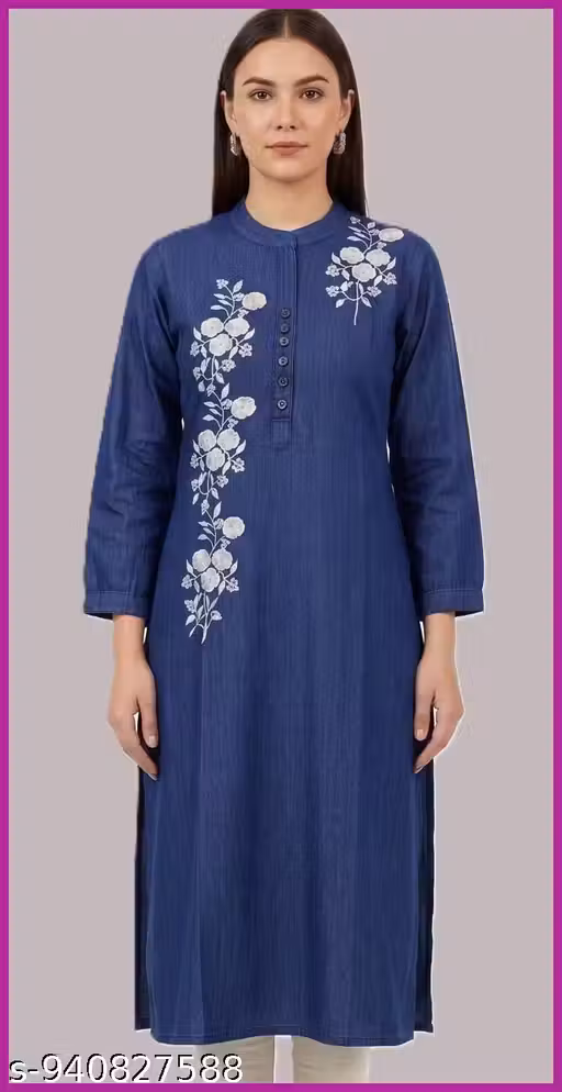 MaViraa Denim Floral Embroidered Mandarin Collar Kurti for Ladies