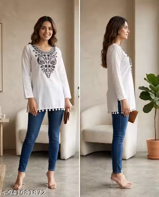 MaViraa Women's Cotton Lucknowi Chikankari Embroidered Kurti | College & Office Wear Short Kurta | White & BLACK Boho Tunic with Pom-Pom Lace
